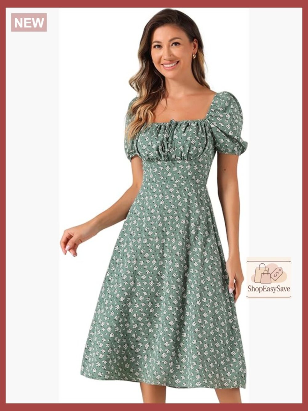 Floral Midi Dress Puff Sleeve Square Neck Smocked Back Milkmaid Style Chic